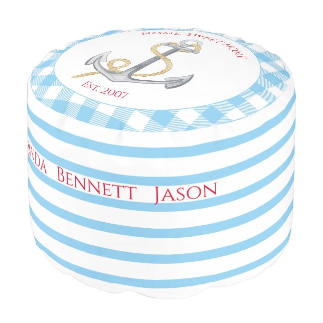 Anchor on Baby blue white checkered custom text Pouf (Angled Front)