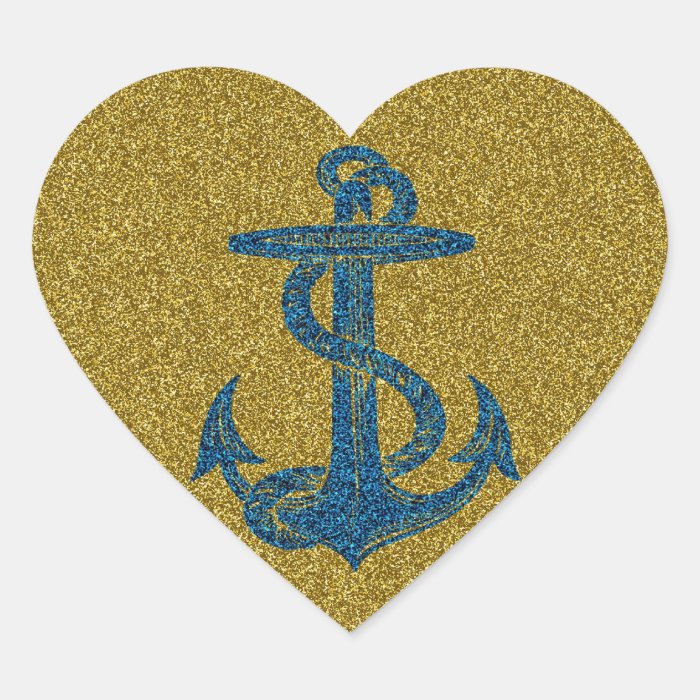 anchor on blue and gold glitter effect heart sticker Zazzle