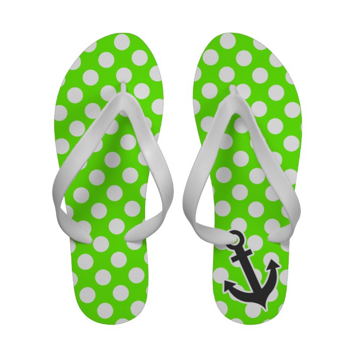 Anchor on Bright Green Polka Dots Flip Flops