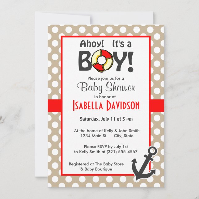 Anchor on Khaki Polka Dots Invitation (Front)