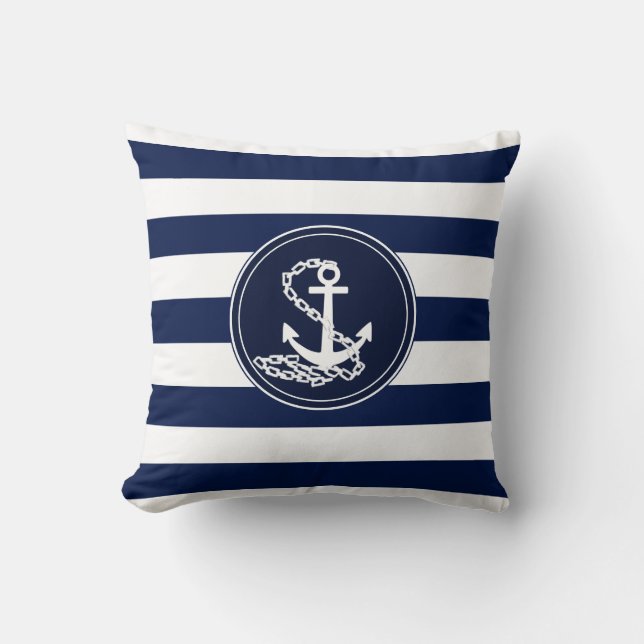 Anchor On Nautical Blue And White Stripes Sailor Throw Pillow (Front)