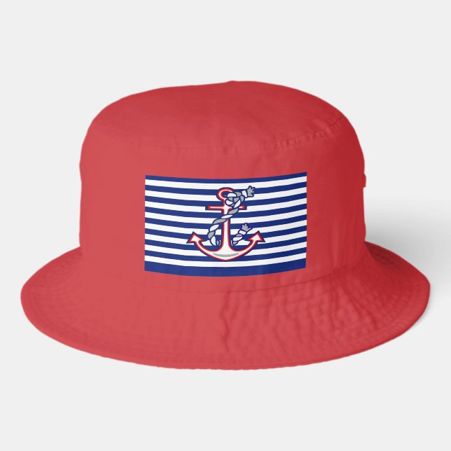 Anchor on Nautical Navy Blue Stripes Print Bucket Hat (Front)