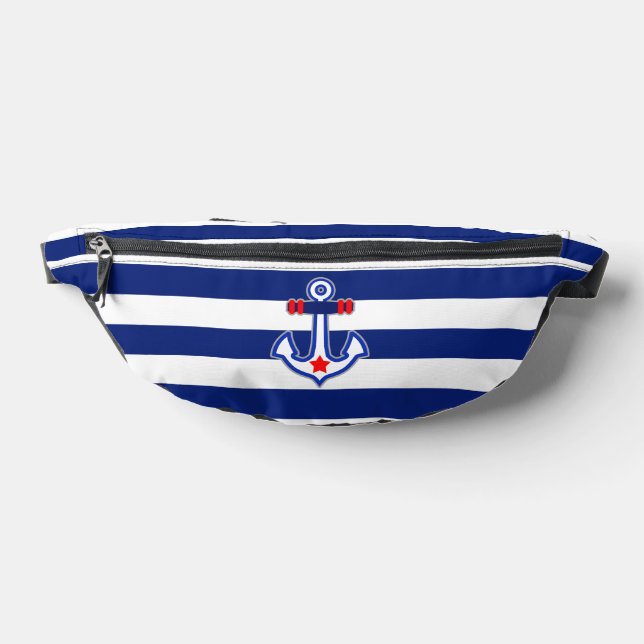 Anchor on Nautical Navy Blue Stripes Print Fanny Pack (Lay Down)