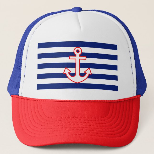 Anchor on Nautical Navy Blue Stripes Print Trucker Hat (Front)