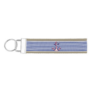Anchor on Nautical Navy Blue Stripes Print Wrist Keychain