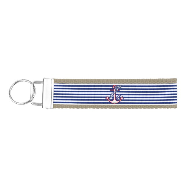 Anchor on Nautical Navy Blue Stripes Print Wrist Keychain (Keys on Left)