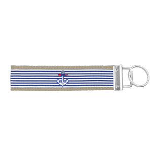 Anchor on Nautical Navy Blue Stripes Print Wrist Keychain