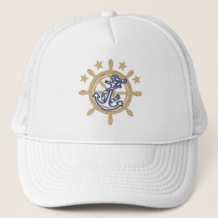Anchor on Nautical Wheel Golden Stars Trucker Hat