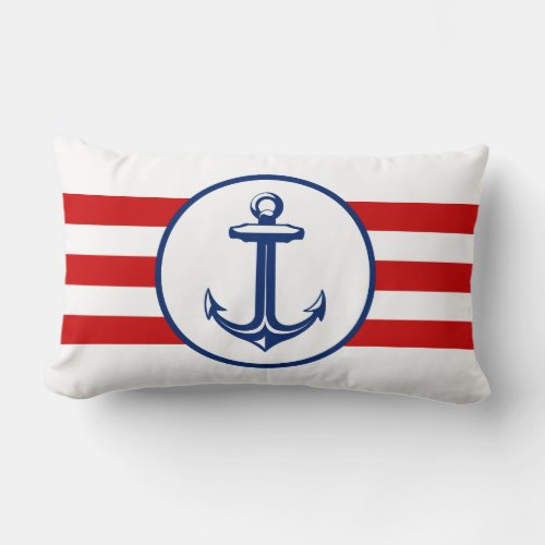 Anchor on Red White Striped Background Lumbar Pillow