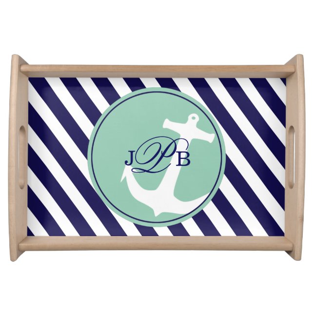 Anchor on Stripes Monogram | navy aqua Serving Tray (Front)