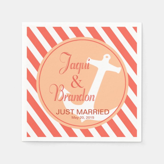Anchor on Stripes Nautical | coral peach Paper Napkins (Front)