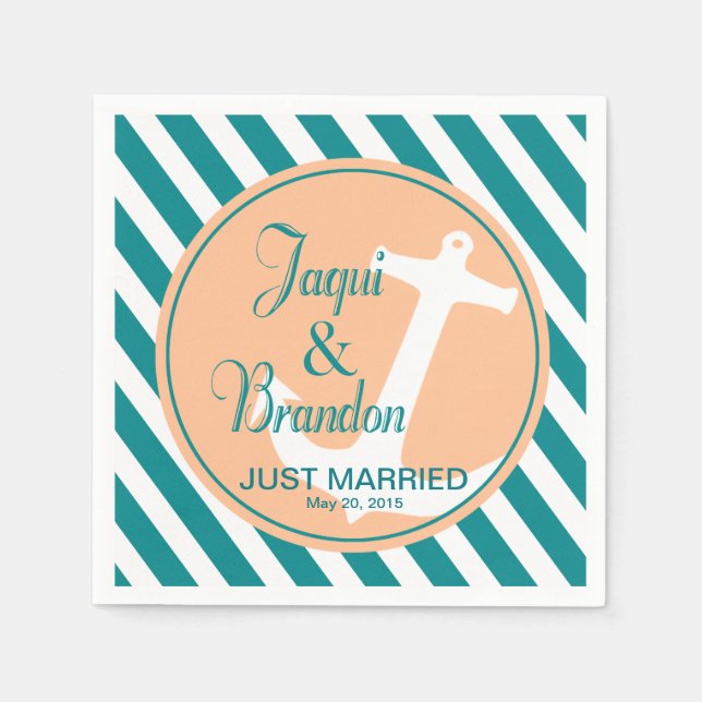 Anchor on Stripes Nautical | teal peach Napkins (Front)