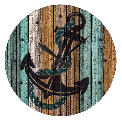 Anchor On Vintage Weathered Wooden Planks Pattern Large Clock