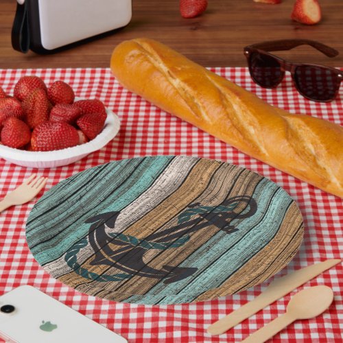 Anchor On Vintage Weathered Wooden Planks Pattern Paper Plates