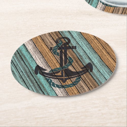 Anchor On Vintage Weathered Wooden Planks Pattern Round Paper Coaster