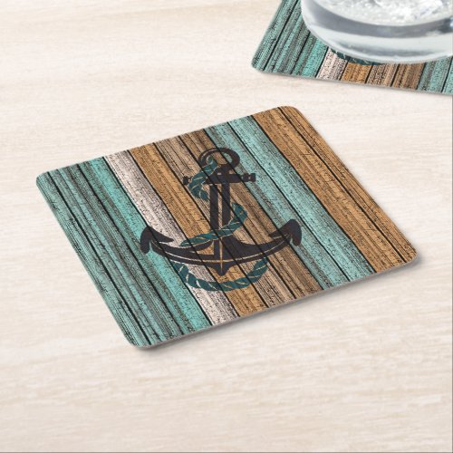 Anchor On Vintage Weathered Wooden Planks Pattern Square Paper Coaster