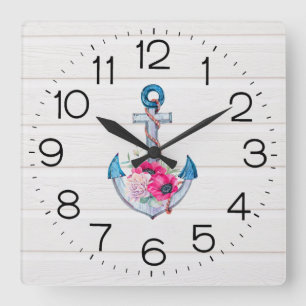 Anchor On White Wood Square Wall Clock