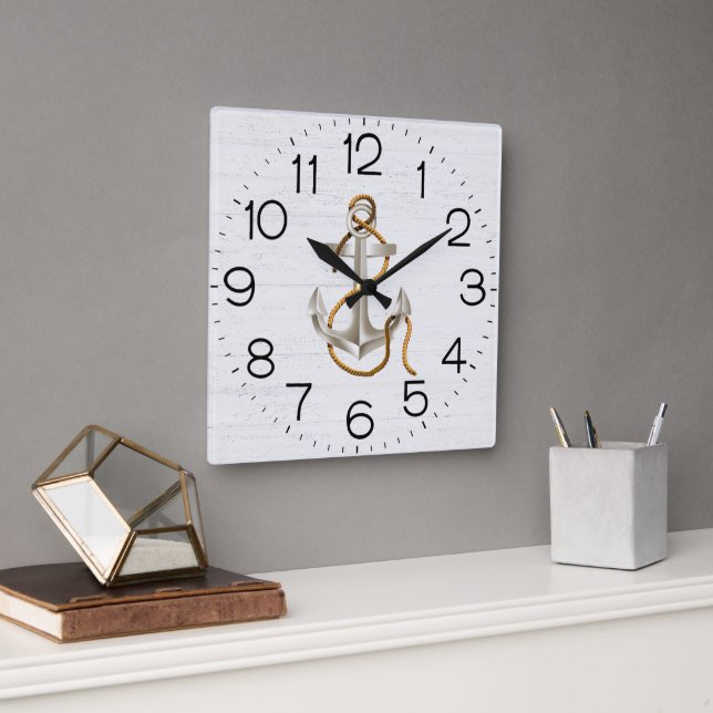 Anchor On Whitewashed Wood Square Wall Clock (Office)