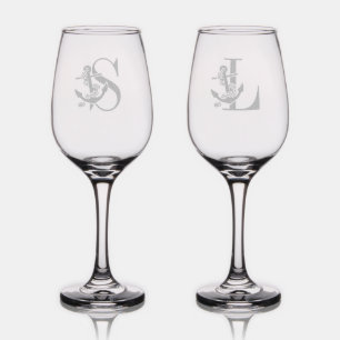 Anchor Over Single Initial Monogram Wine Glass