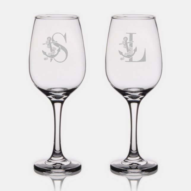 Anchor Over Single Initial Monogram Wine Glass (Glassware)