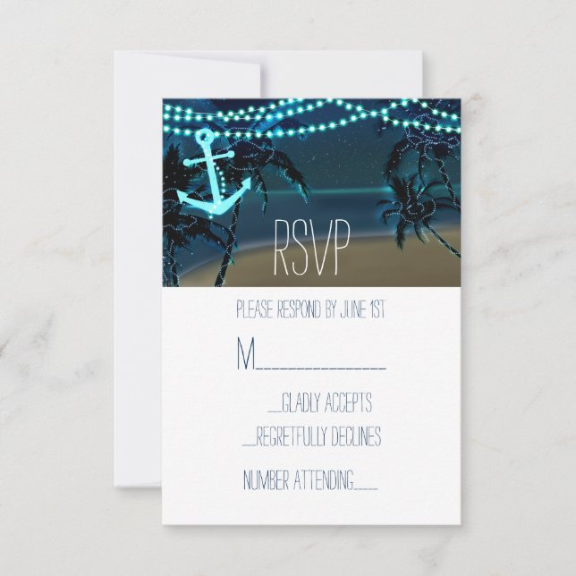 Anchor & Palm Trees Beach Night Wedding RSVP Card (Front)