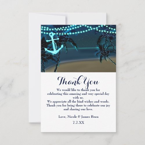 Anchor  Palm Trees Beach Night Wedding Thank You Invitation