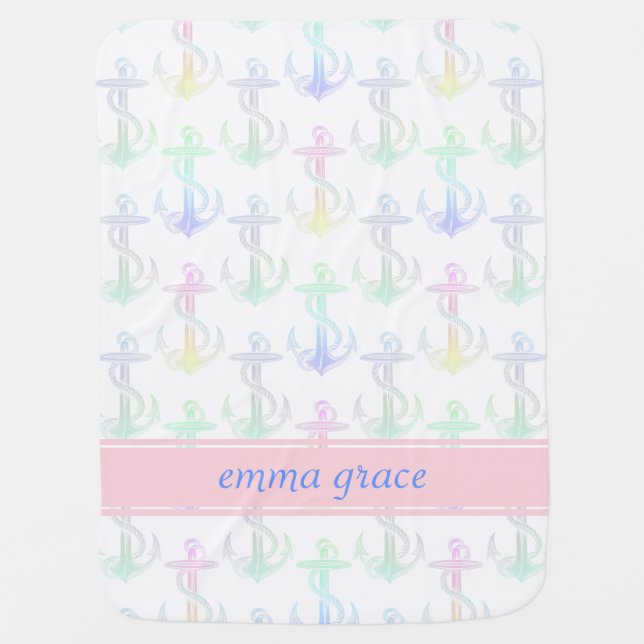 Anchor Pastel Rainbow Personalized Baby Blanket (Front)