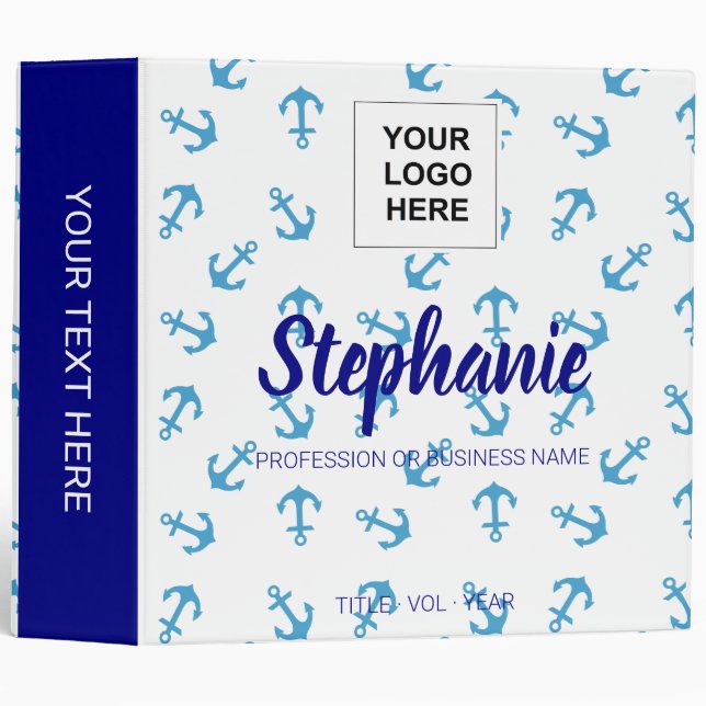 Anchor Pattern Blue Navy  Boat Custom Logo 3 Ring Binder (Front/Spine)