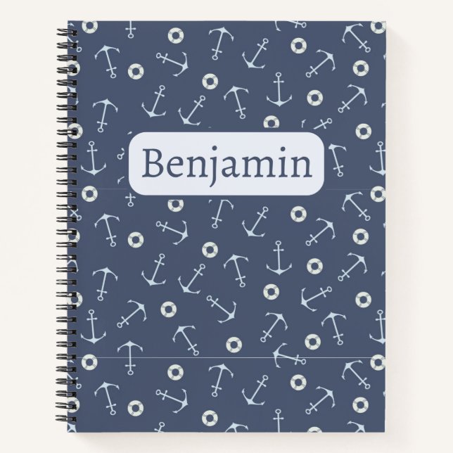 Anchor Pattern & Custom Name on Navy Blue Notebook (Front)