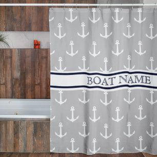 Anchor Pattern Gray Blue Nautical Boat Name  Shower Curtain