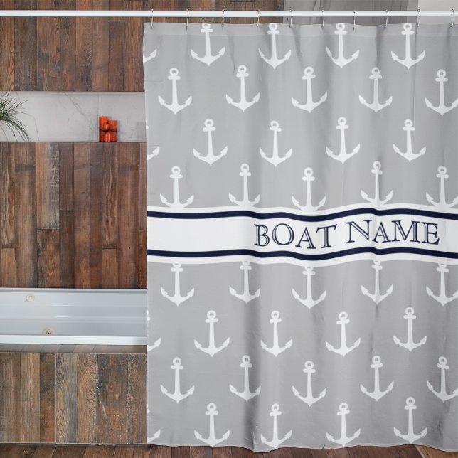 Anchor Pattern Gray Blue Nautical Boat Name  Shower Curtain (Creator Uploaded)