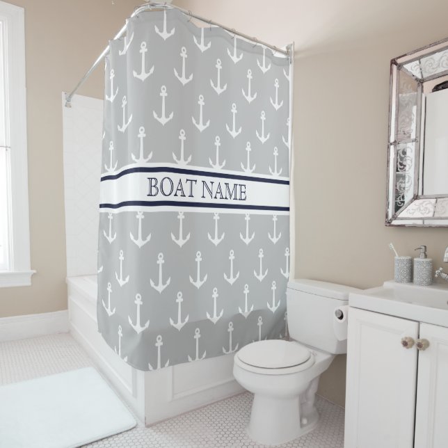Anchor Pattern Gray Blue Nautical Boat Name  Shower Curtain (In Situ)