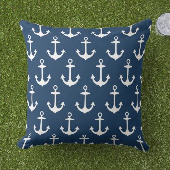 Anchor Pattern | Navy Nautical Outdoor Pillow by plushpillows at Zazzle