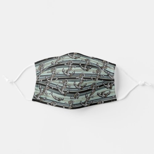 Anchor Pattern On Gray Seafoam Green Black Stripes Adult Cloth Face Mask