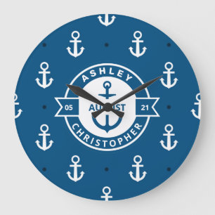 Anchor patterns blue nautical wedding Large Clock