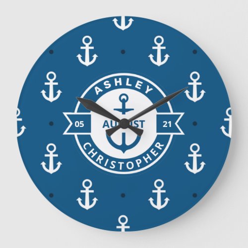 Anchor patterns blue nautical wedding Large Clock