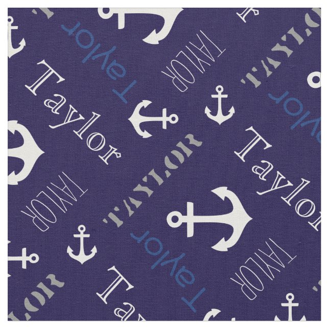 Anchor personalized name blue nautical text fabric (Close Up)