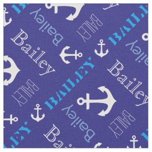 Anchor personalized name blue nautical text fabric
