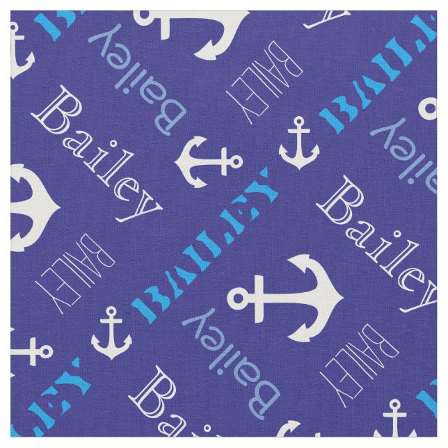 Anchor personalized name blue nautical text fabric (Close Up)