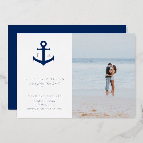 Anchor Photo Nautical Wedding Save The Date Silver Foil Invitation