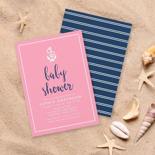 Anchor Pink and Blue Script Baby Shower Invitation