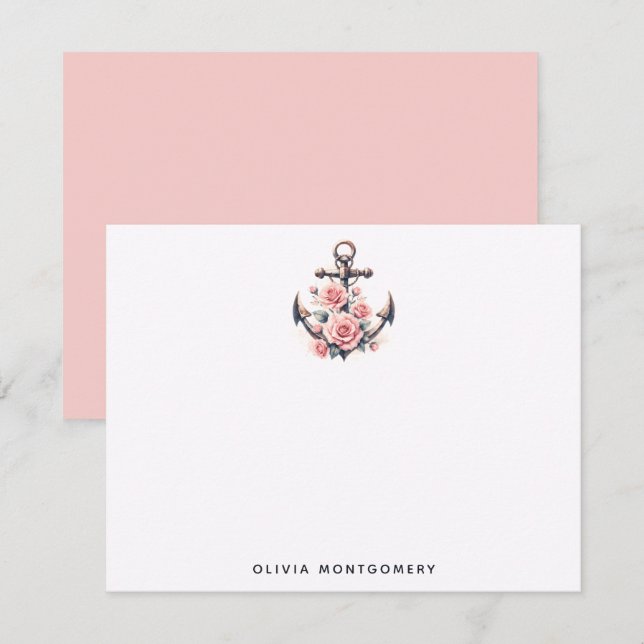 Anchor Pink Roses Nautical Personal Note Card (Front/Back)