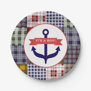 Anchor + Plaid Boy Baby Shower Paper Plates