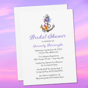 Anchor Purple Floral Nautical Bridal Shower Invitation