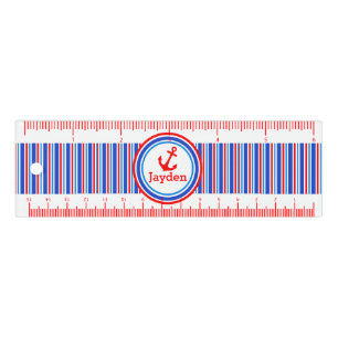 Anchor red and blue nautical stripe name ruler