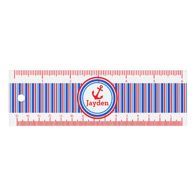 Anchor red and blue nautical stripe name ruler (Front)