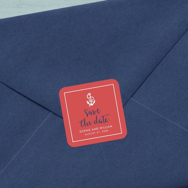 Anchor Red and Blue Script Save the Date Square Sticker (Creator Uploaded)