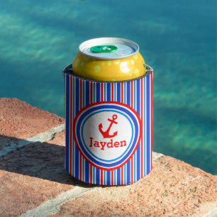 Anchor red blue stripe name can cooler