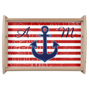 Anchor Red Stripes personalized initials Serving Tray