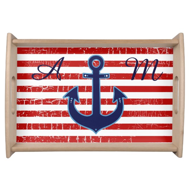 Anchor Red Stripes personalized initials Serving Tray (Front)